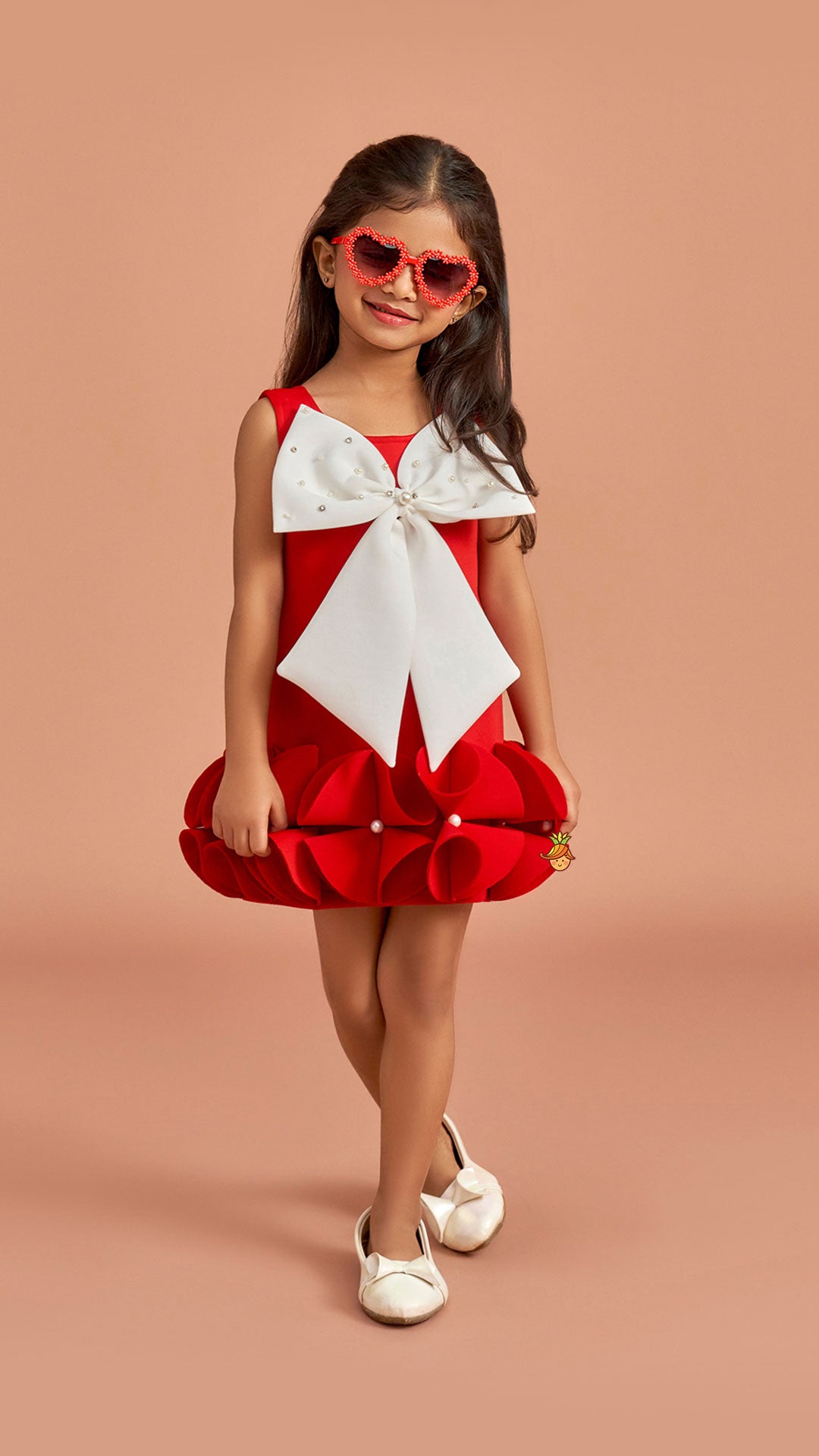 Pre Order: Red Ruffle Hem Dress With Bow Adornment