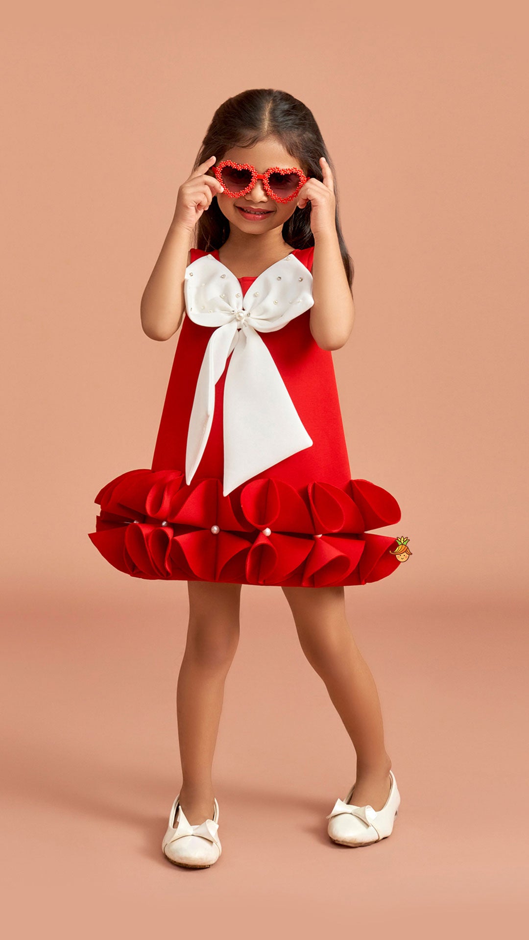 Pre Order: Red Ruffle Hem Dress With Bow Adornment