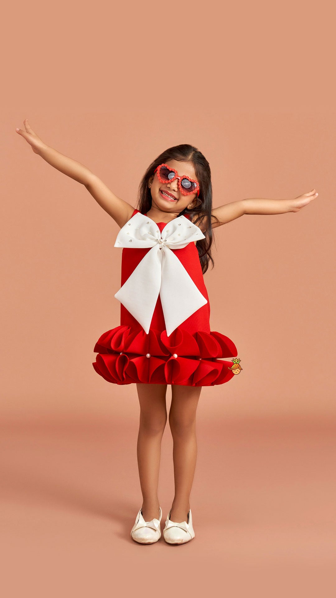 Pre Order: Red Ruffle Hem Dress With Bow Adornment