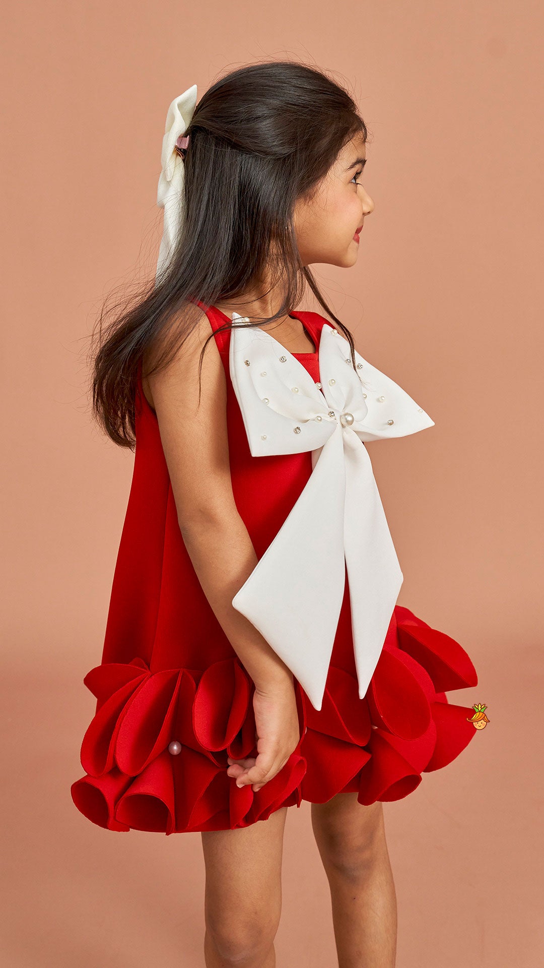 Pre Order: Red Ruffle Hem Dress With Bow Adornment