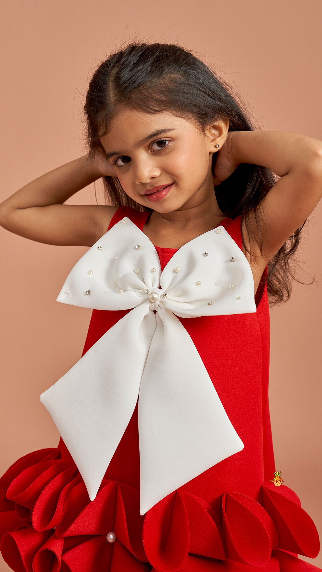 Pre Order: Red Ruffle Hem Dress With Bow Adornment