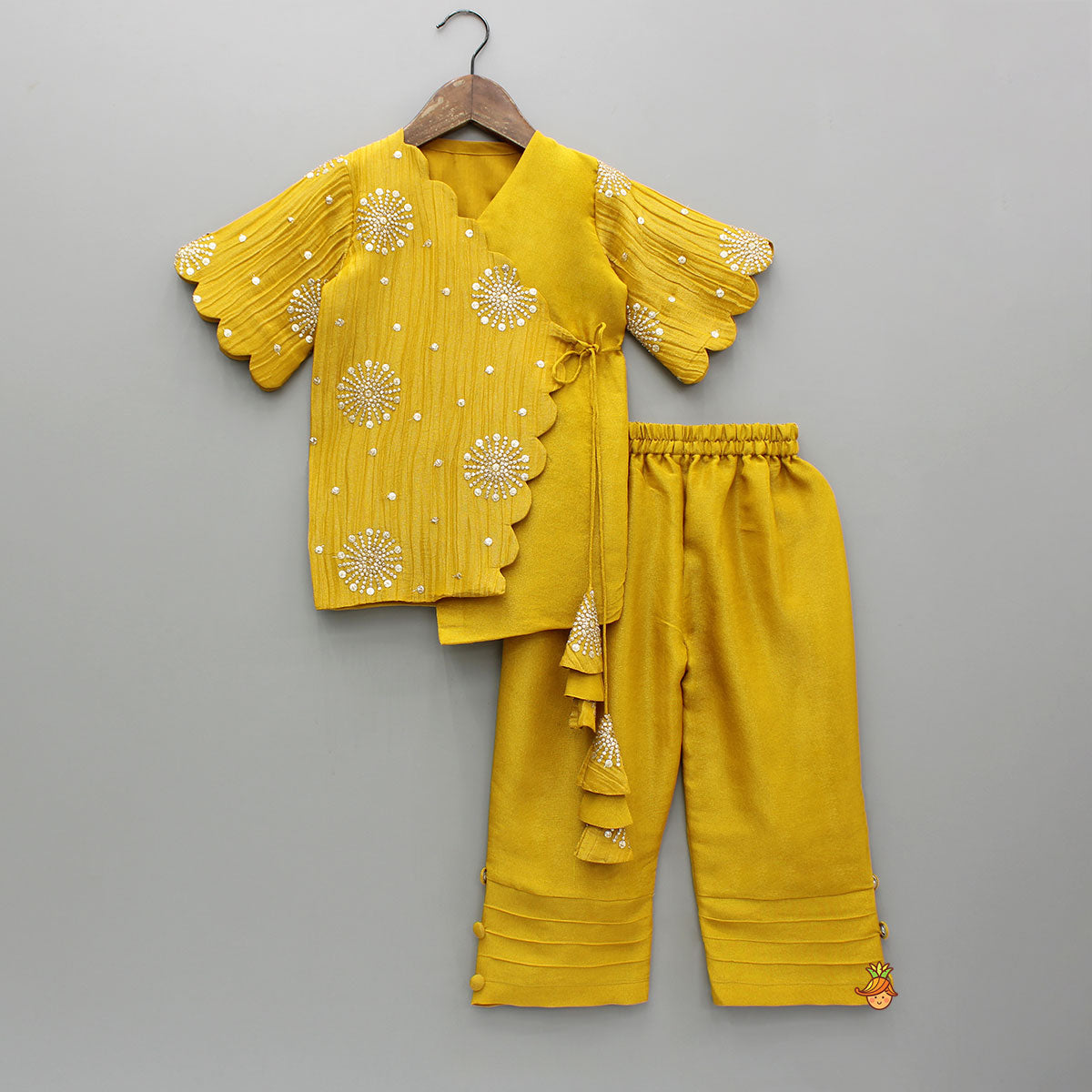 Pre Order: Overlap-Style Shiny Mustard Kurti With Pant