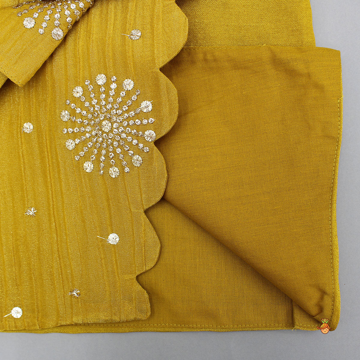Pre Order: Overlap-Style Shiny Mustard Kurti With Pant