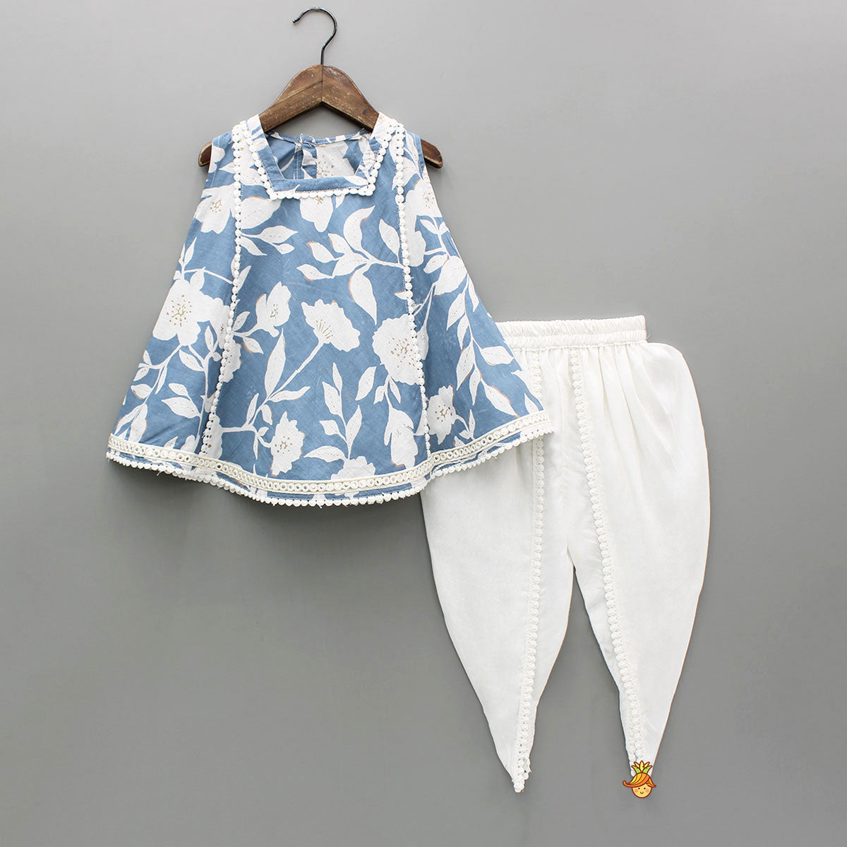 Pre Order: Floral Print Blue Kurta With Dhoti