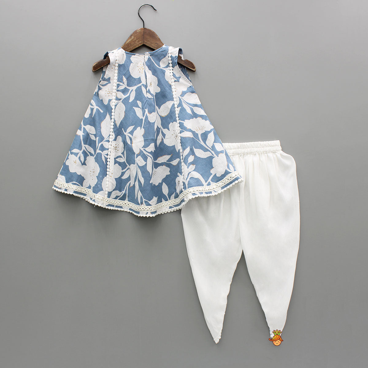 Pre Order: Floral Print Blue Kurta With Dhoti