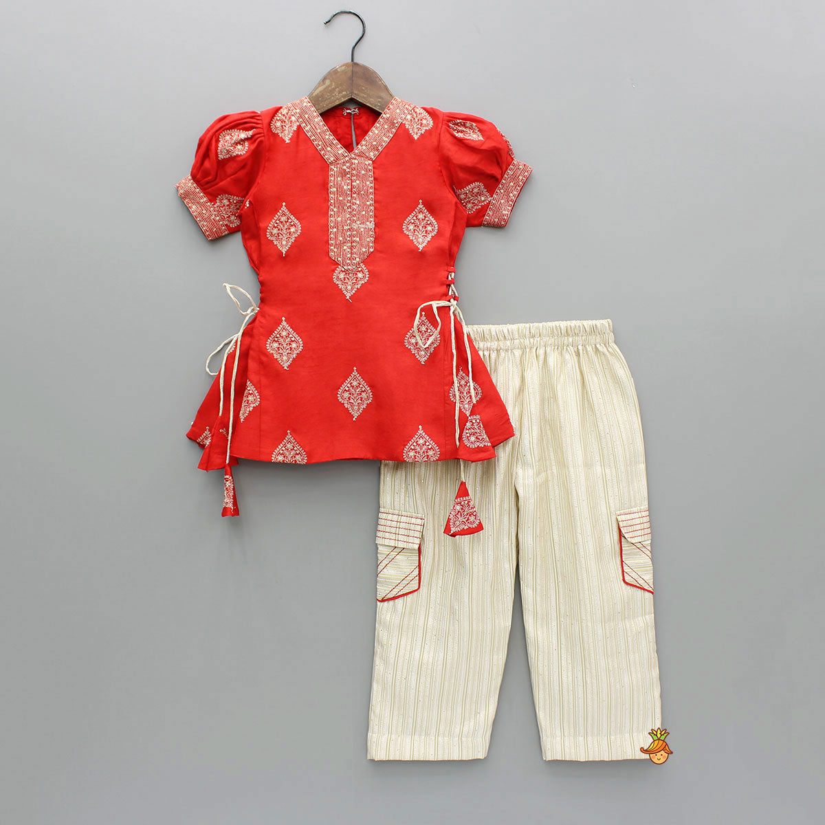 Pre Order: V-Neck Embroidered Red Top And Patch Pocket Detail Pant