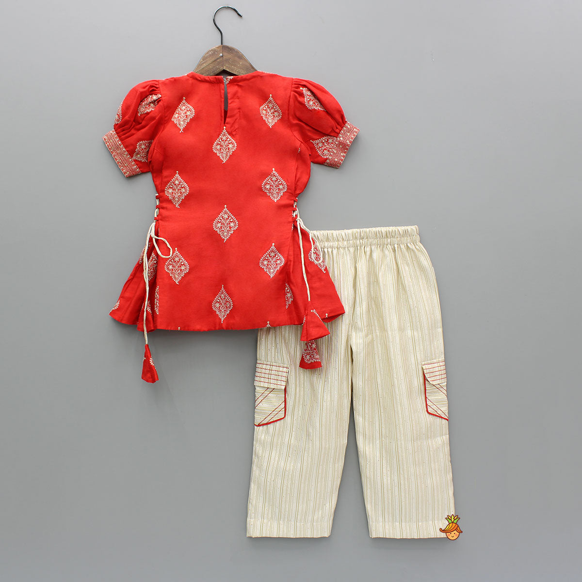 Pre Order: V-Neck Embroidered Red Top And Patch Pocket Detail Pant