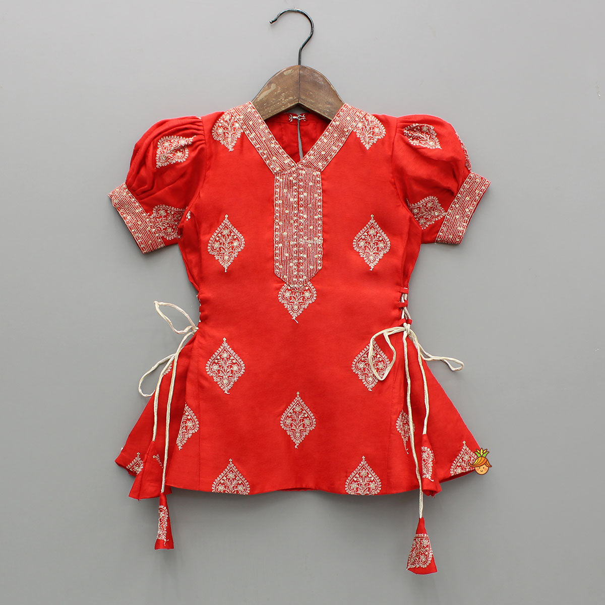 Pre Order: V-Neck Embroidered Red Top And Patch Pocket Detail Pant