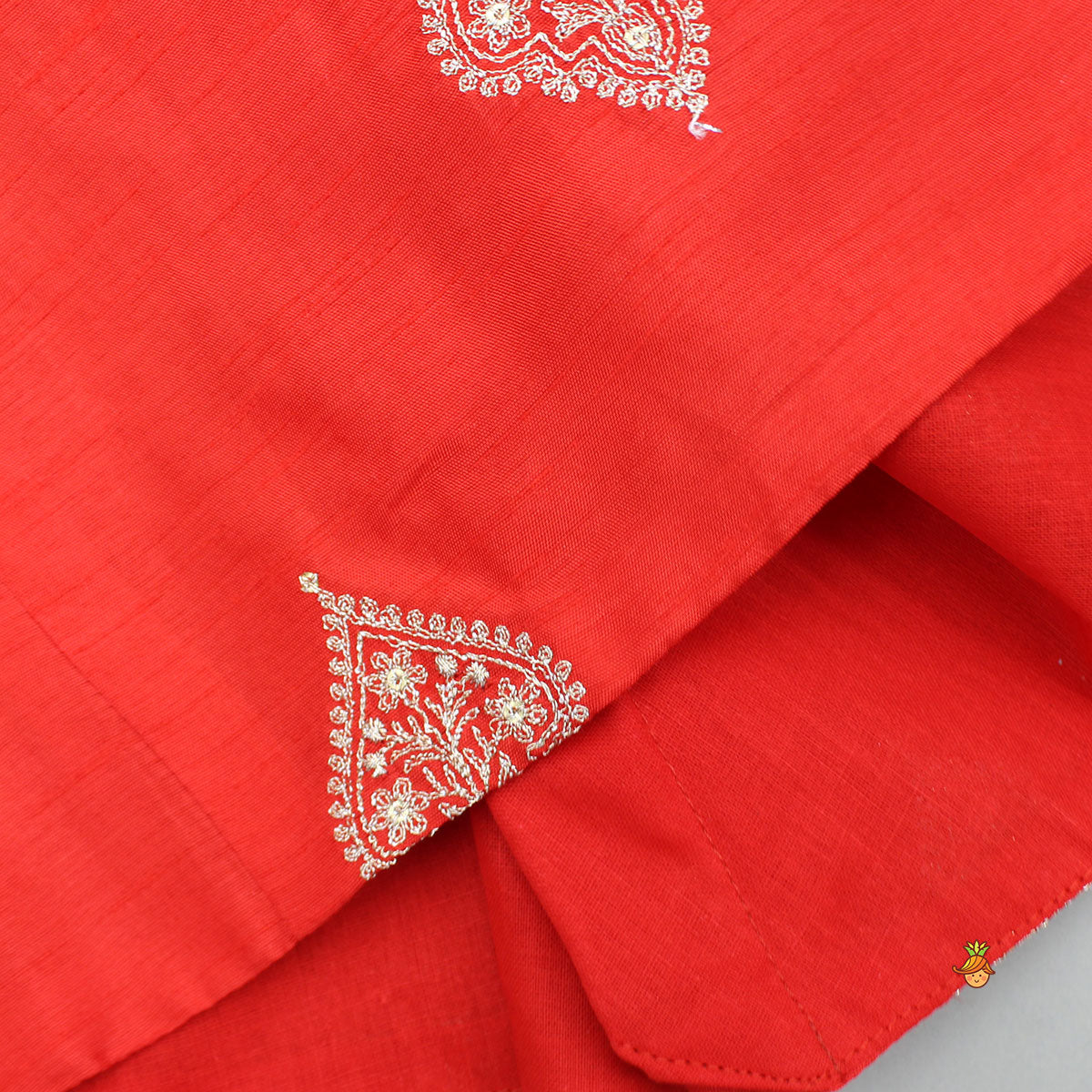 Pre Order: V-Neck Embroidered Red Top And Patch Pocket Detail Pant