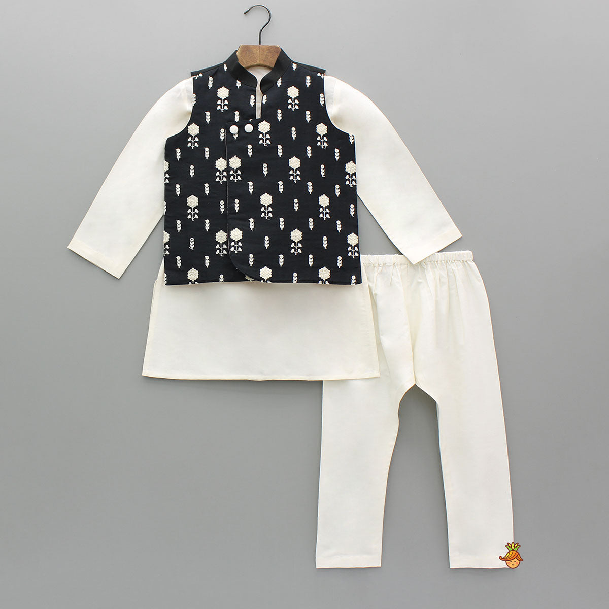Pre Order: White Kurta With Asymmetric Black Jacket And White Pyjama