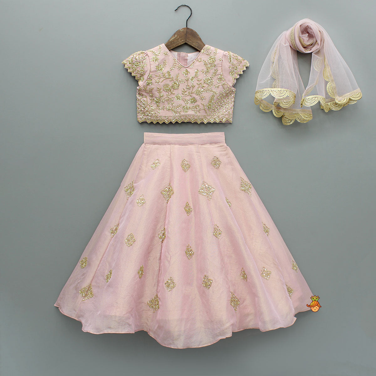Pre Order: Pink Shimmery Sequin Embroidered Top With Flared Lehenga And Matching Dupatta