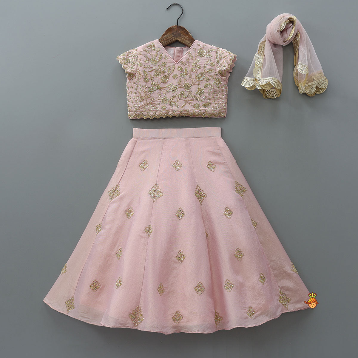 Pre Order: Shimmery Sequin Embroidered Crop Top With Flared Lehenga And Matching Dupatta