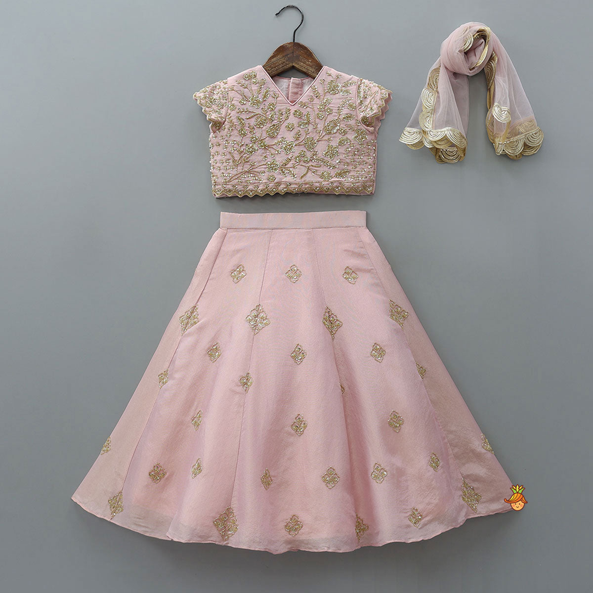 Pre Order: Shimmery Sequin Embroidered Crop Top With Flared Lehenga And Matching Dupatta