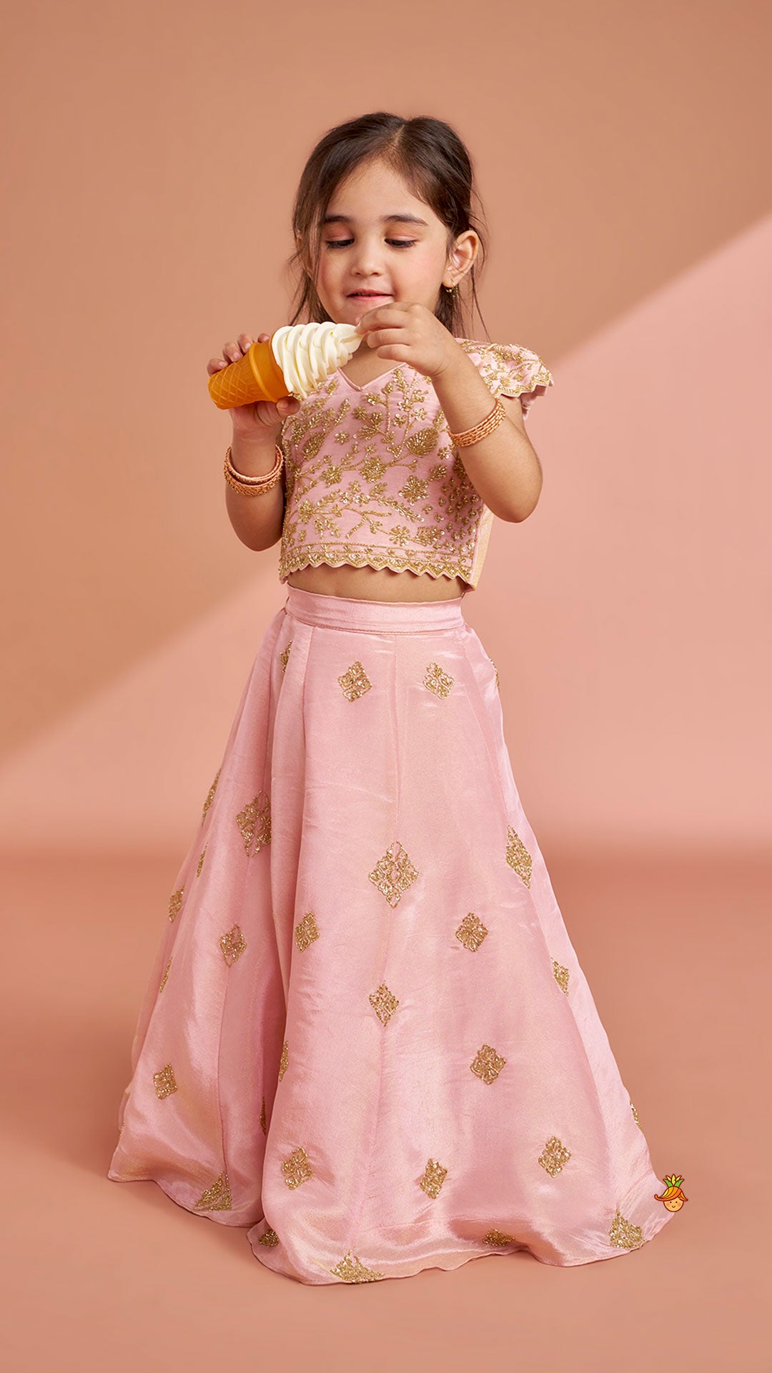 Pre Order: Pink Shimmery Sequin Embroidered Top With Flared Lehenga And Matching Dupatta
