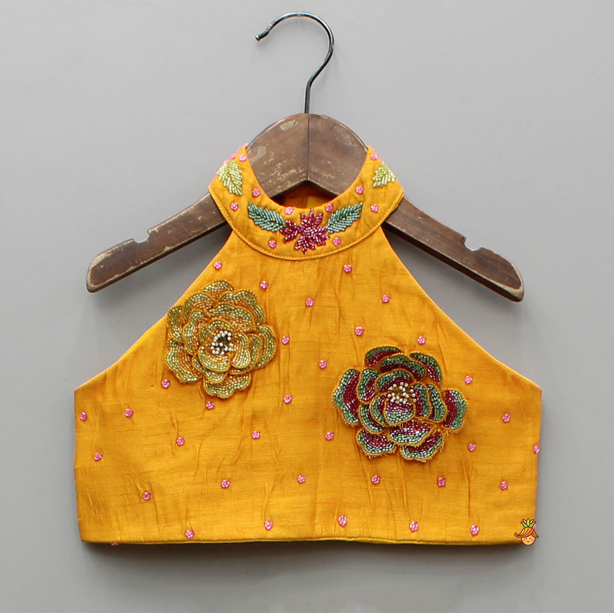 Pre Order: Floral Embroidered Halter Neck Top With Flared Lehenga And Bow Hair Clip With Potli Bag