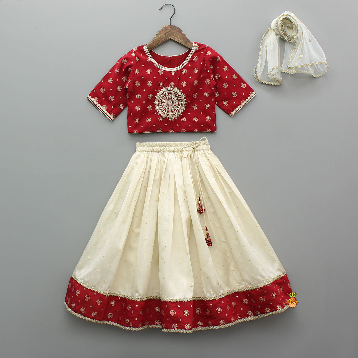 Foil Printed Red Top And Contrasting Hem Lehenga With Net Dupatta