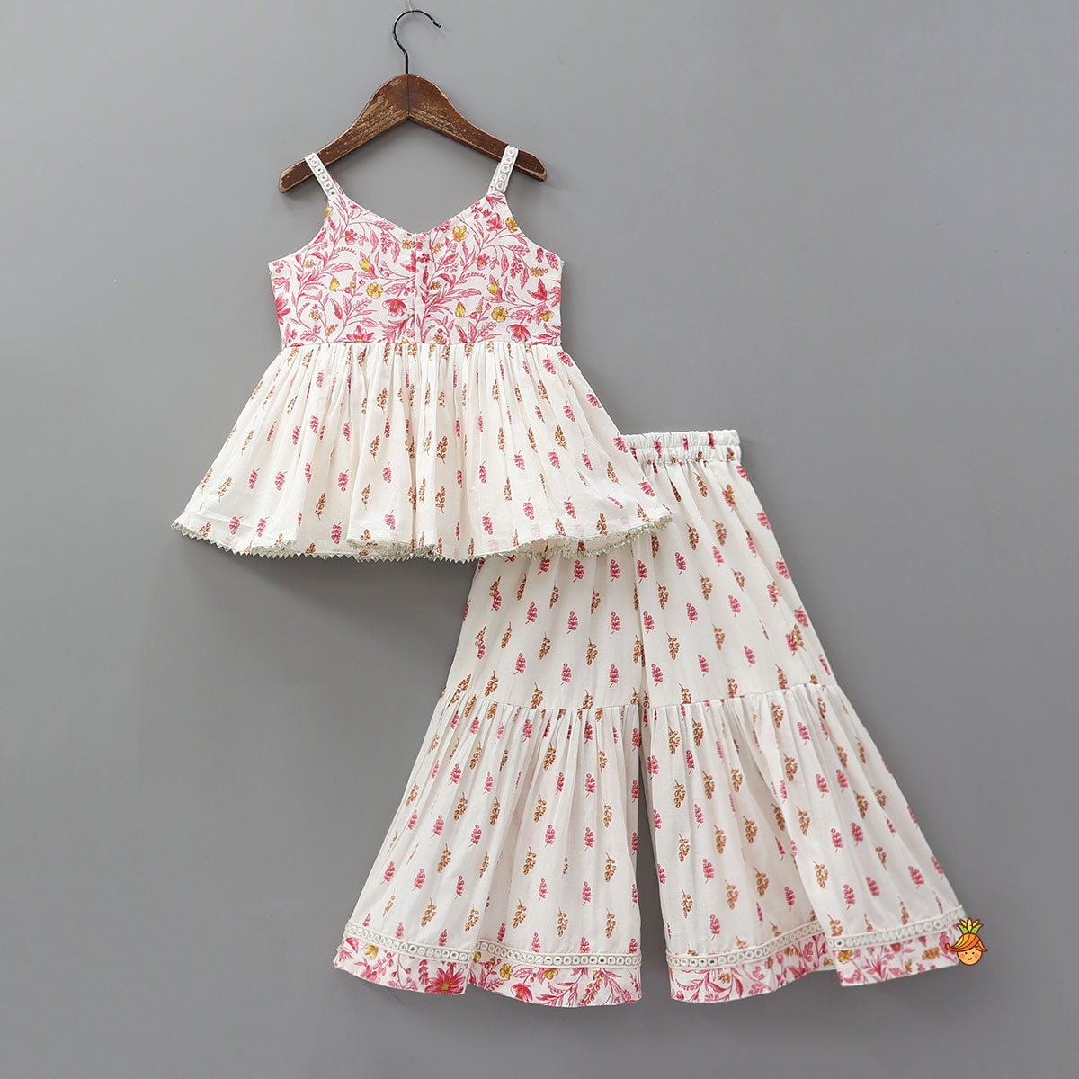 Pre Order: Faux-Mirror Lace Detailed Cotton Printed Kurti And Sharara