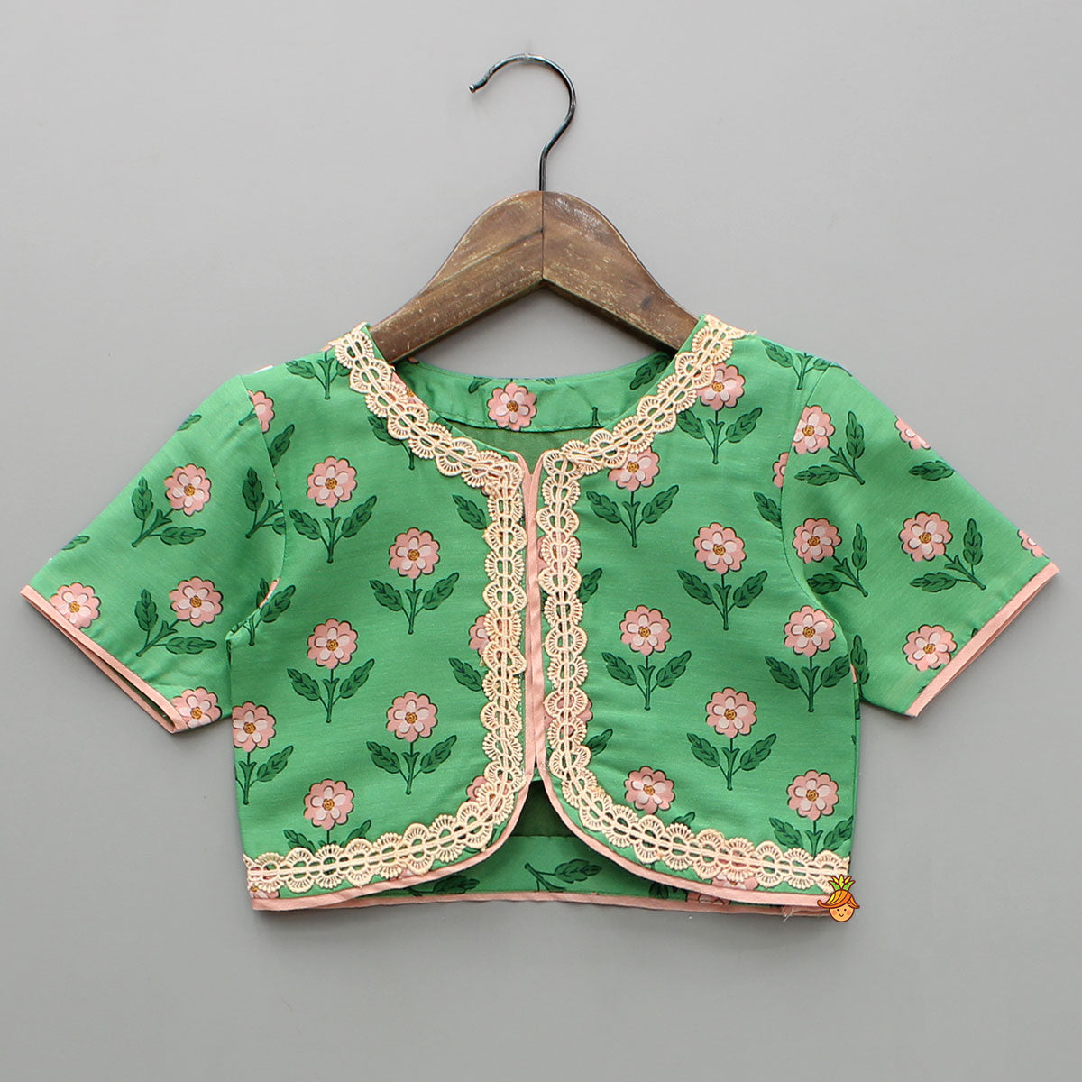 Pre Order: Lace Green Floral Top With Ghagra And Dupatta