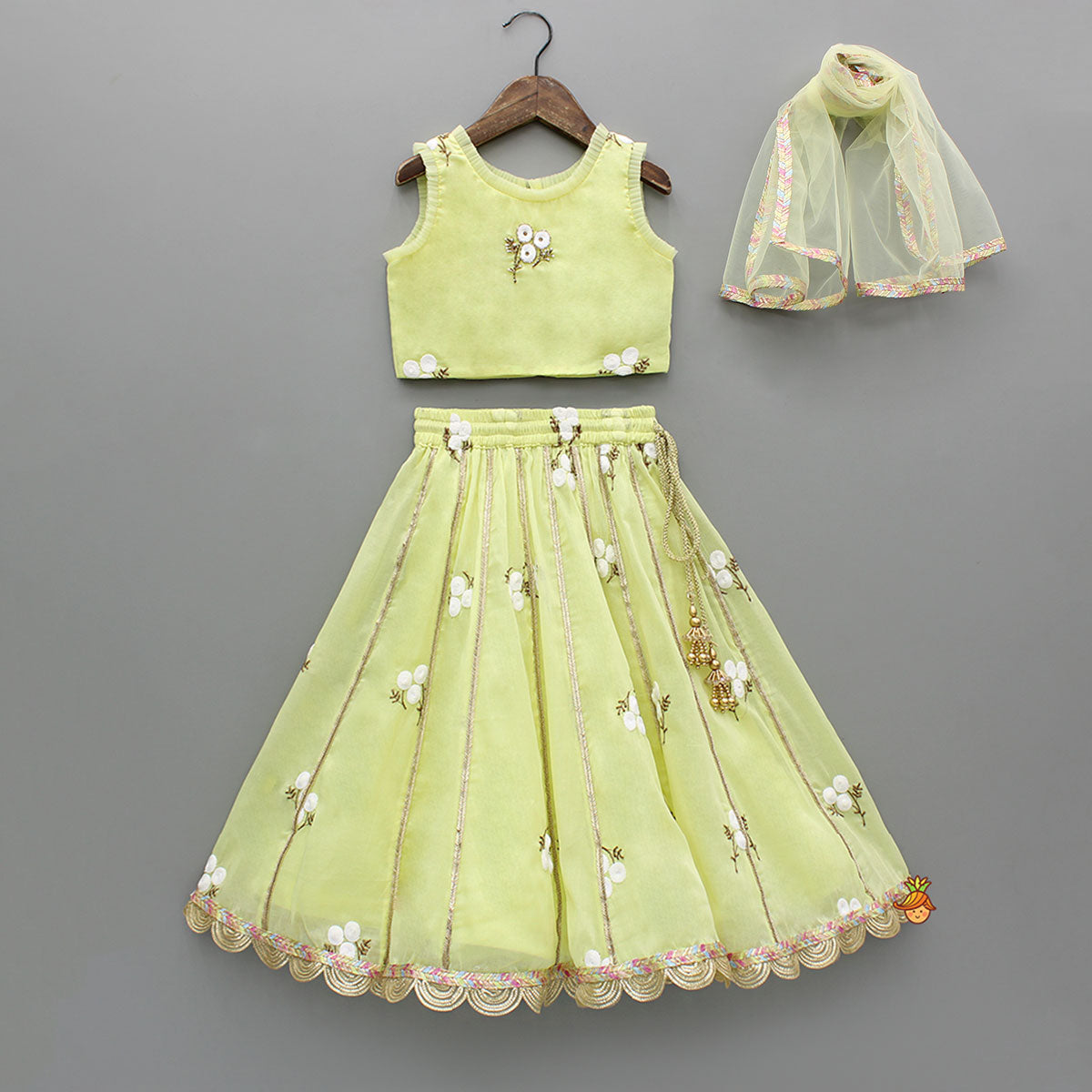 Pre Order: Yellow Ruffle Detailed Floral Top With Floral Embroidered Lehenga And Dupatta