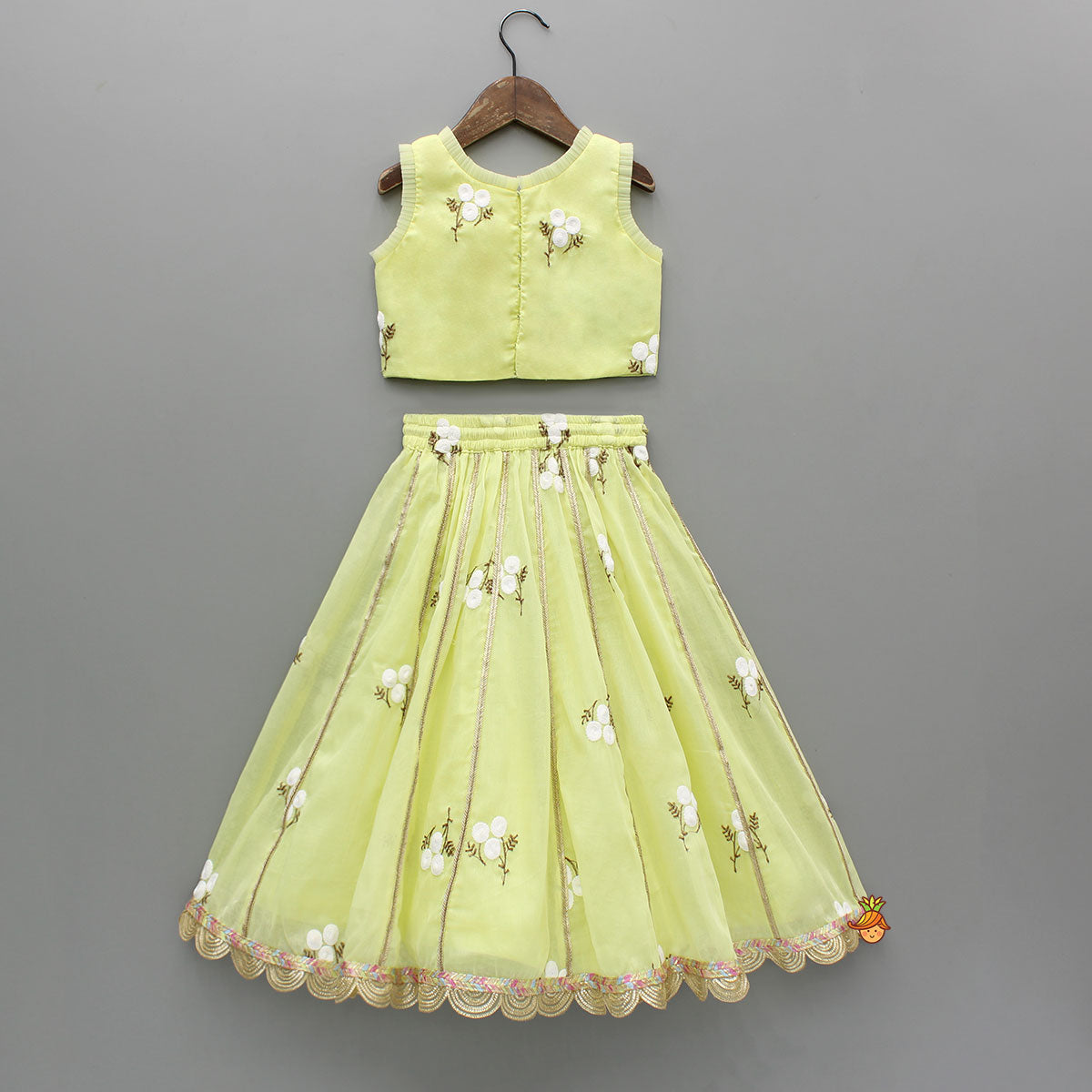 Pre Order: Yellow Ruffle Detailed Floral Top With Floral Embroidered Lehenga And Dupatta