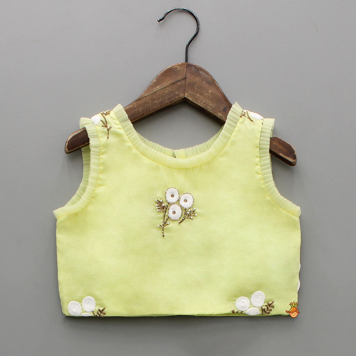 Pre Order: Yellow Ruffle Detailed Floral Top With Floral Embroidered Lehenga And Dupatta