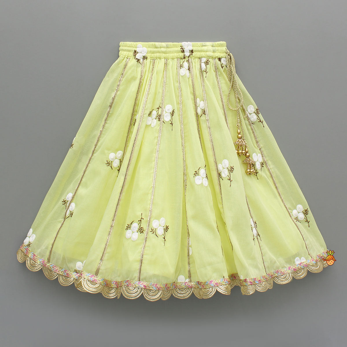 Pre Order: Yellow Ruffle Detailed Floral Top With Floral Embroidered Lehenga And Dupatta