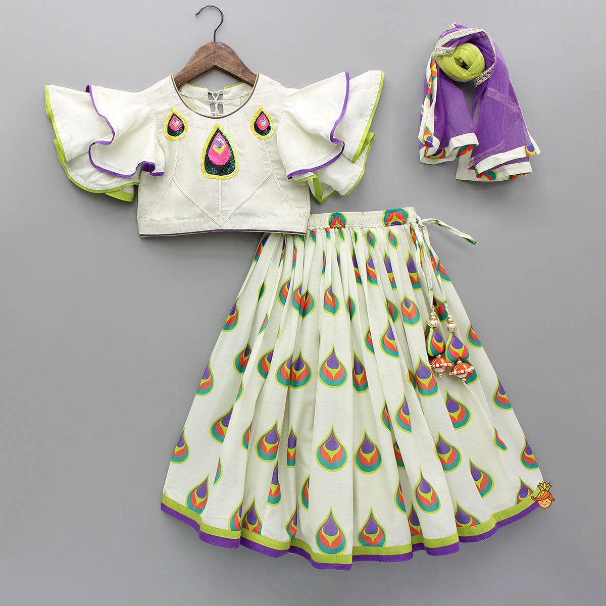Pre Order: Morpankh Print Frill Top And Ghagra With Dupatta