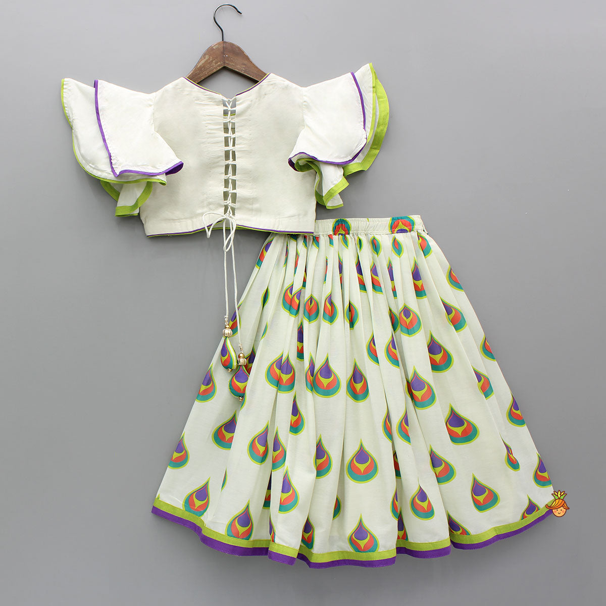 Pre Order: Morpankh Print Frill Top And Ghagra With Dupatta