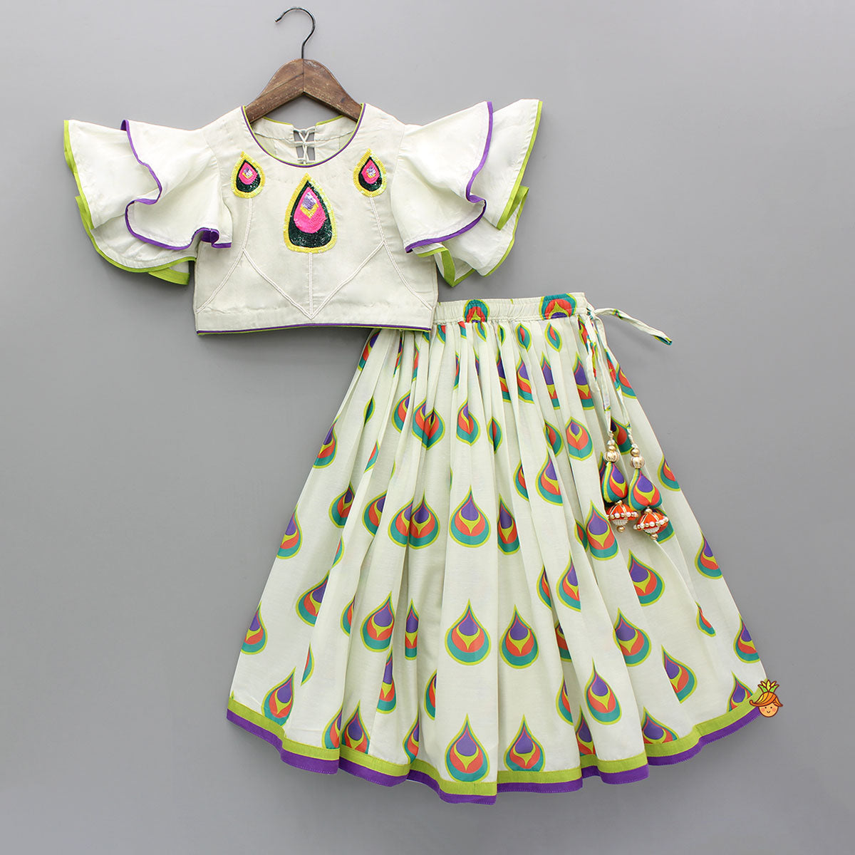 Pre Order: Morpankh Print Frill Top And Ghagra With Dupatta