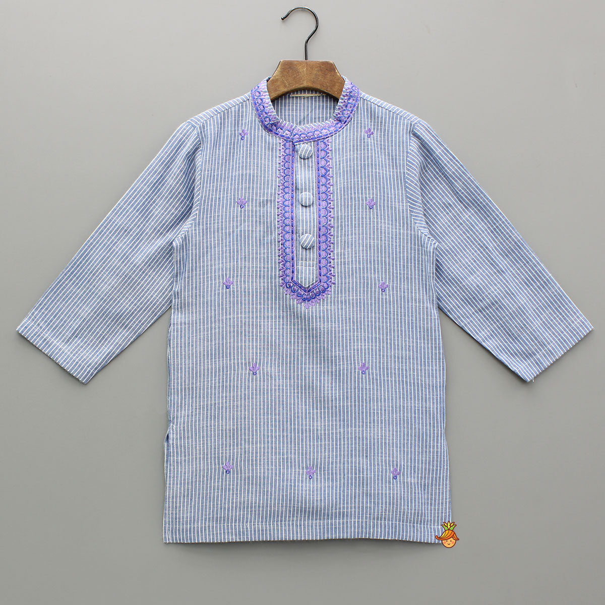 Pre Order: Blue Striped Embroidered Kurta With White Pyjama