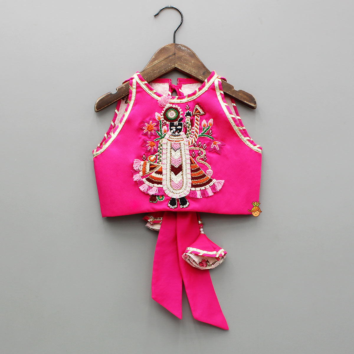 Pre Order: Goddess Embroidered Pink Top And Beautiful Tassels Embellished Lehenga With Matching Sling Bag