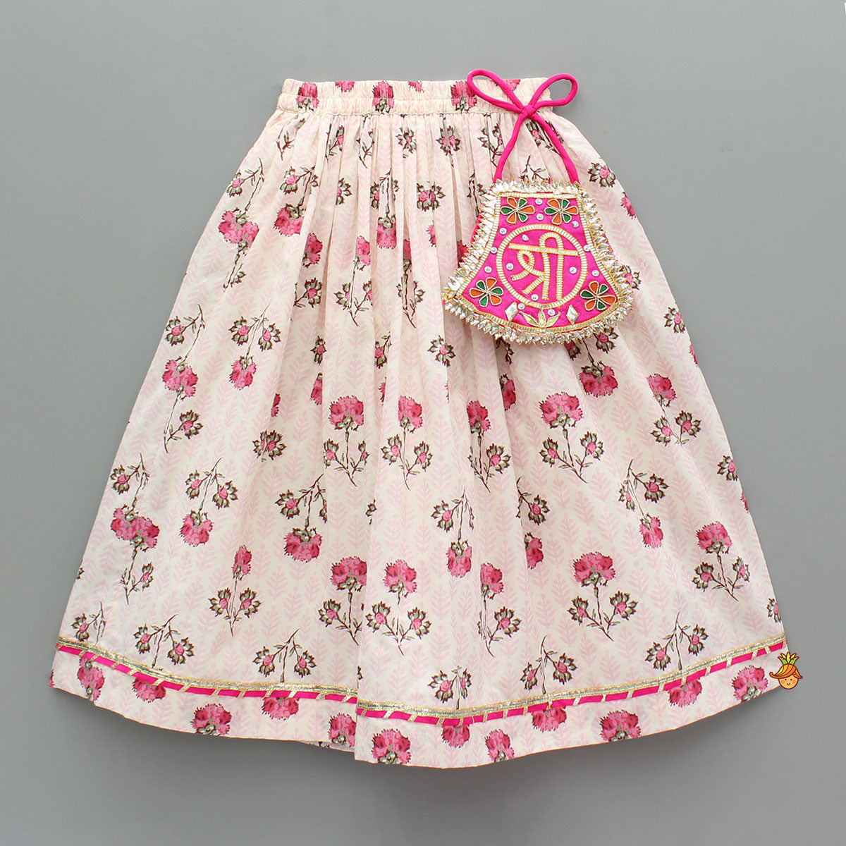 Pre Order: Goddess Embroidered Pink Top And Beautiful Tassels Embellished Lehenga With Matching Sling Bag