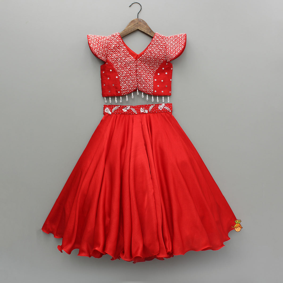 Pre Order: Sequin Embellished Red Top With Flared Lehenga