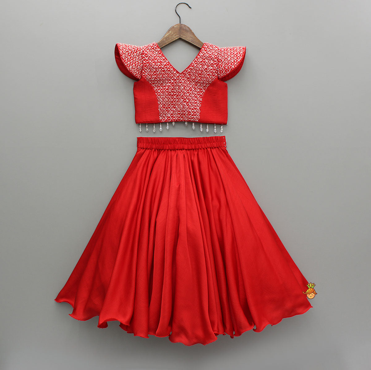 Pre Order: Sequin Embellished Red Top With Flared Lehenga