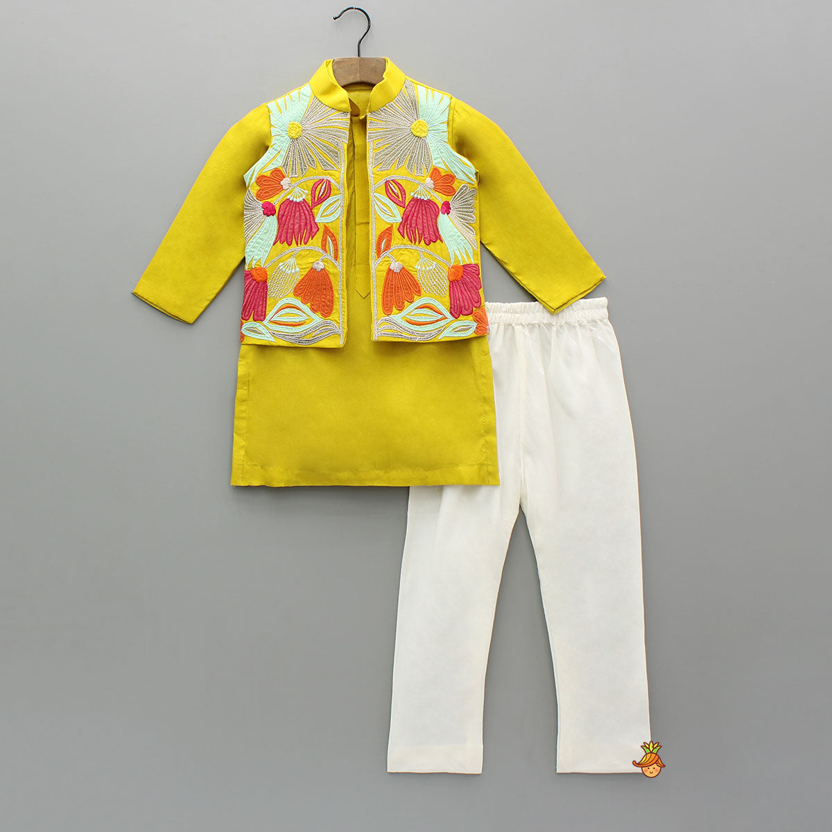 Pre Order: Yellow Kurta With Front Open Jacket And Churidar