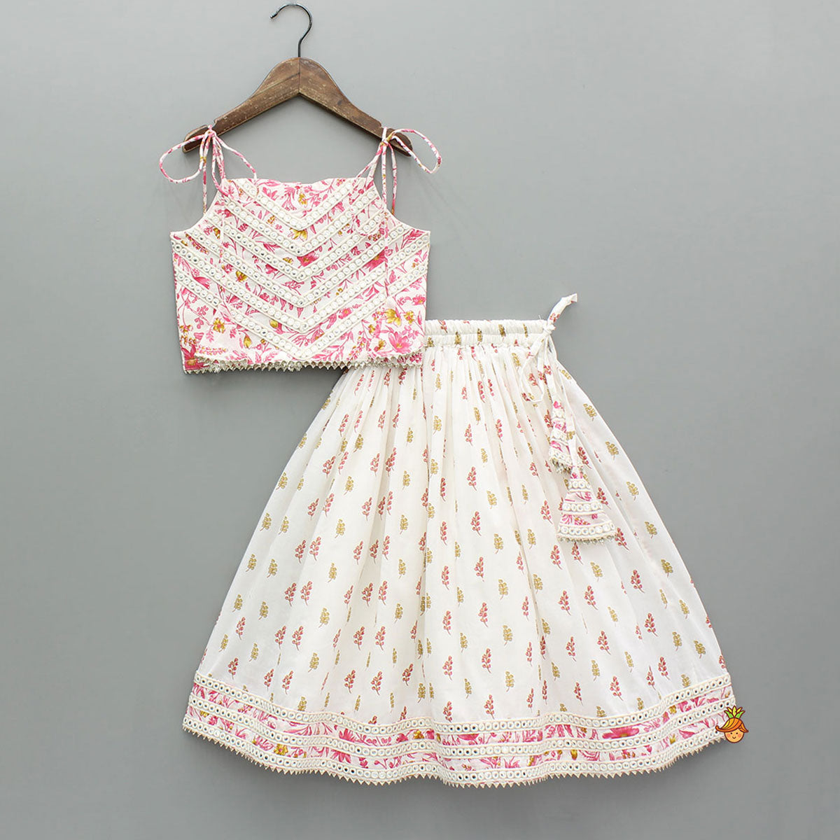 Floral Print Strappy Tie-Up Top With Lehenga