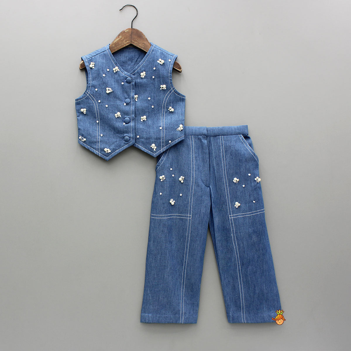 Pre Order: Front-Open Denim Blue Top With Pocket Detail Pant