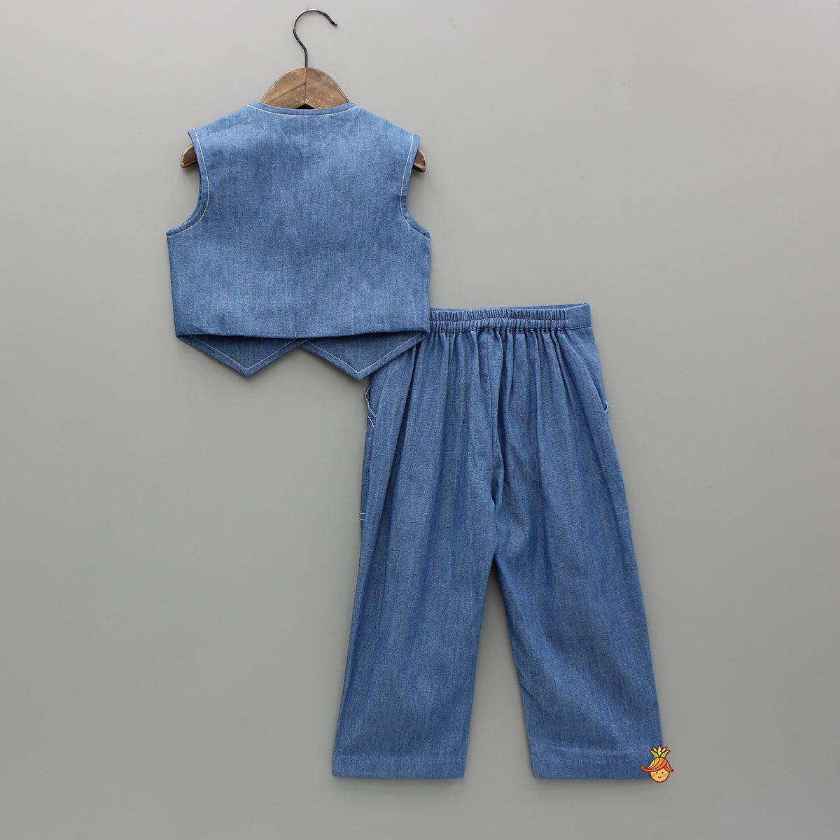 Pre Order: Front-Open Denim Blue Top With Pocket Detail Pant