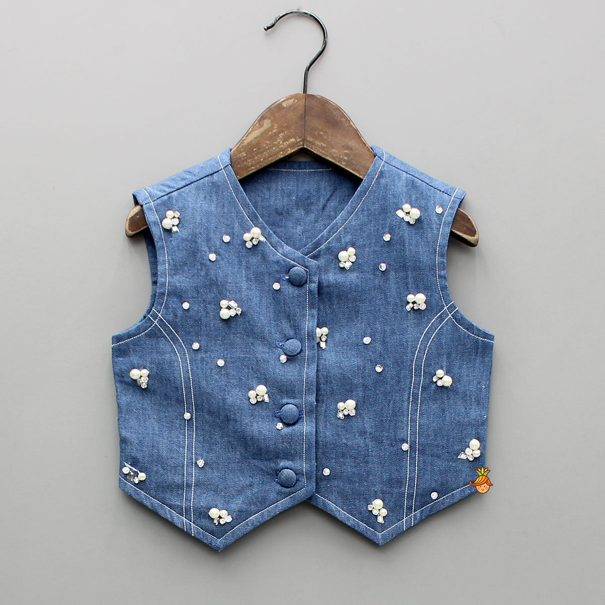 Pre Order: Front-Open Denim Blue Top With Pocket Detail Pant