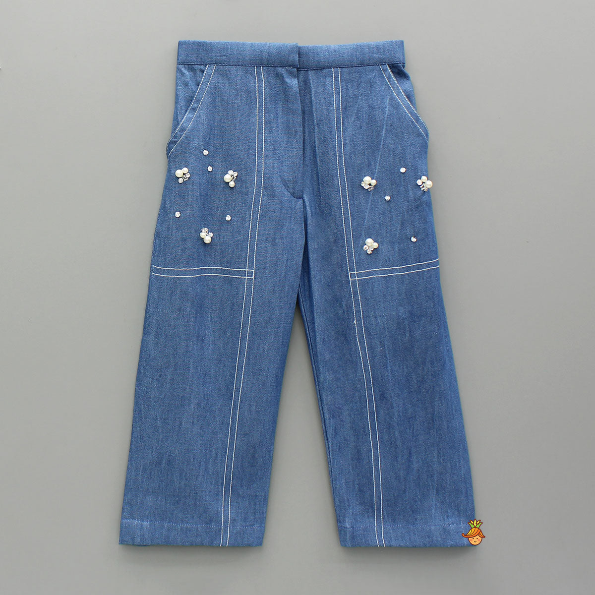 Pre Order: Front-Open Denim Blue Top With Pocket Detail Pant