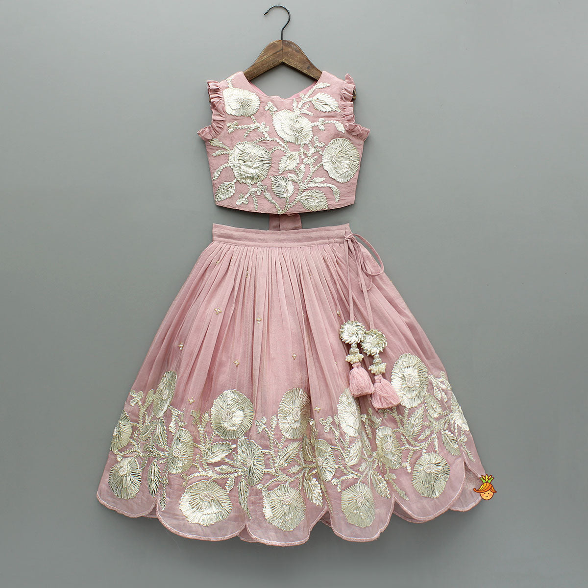 Pre Order: Shimmery Pink Hand Embroidered Gota Laced Top With Flared Shimmery Lehenga