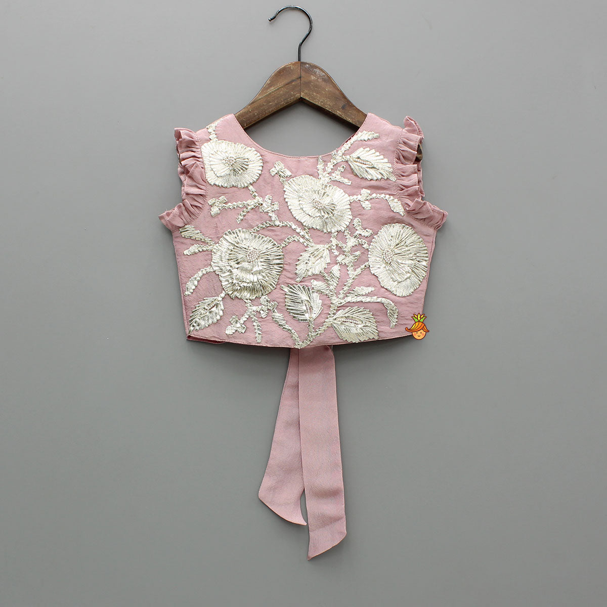 Pre Order: Shimmery Pink Hand Embroidered Gota Laced Top With Flared Shimmery Lehenga