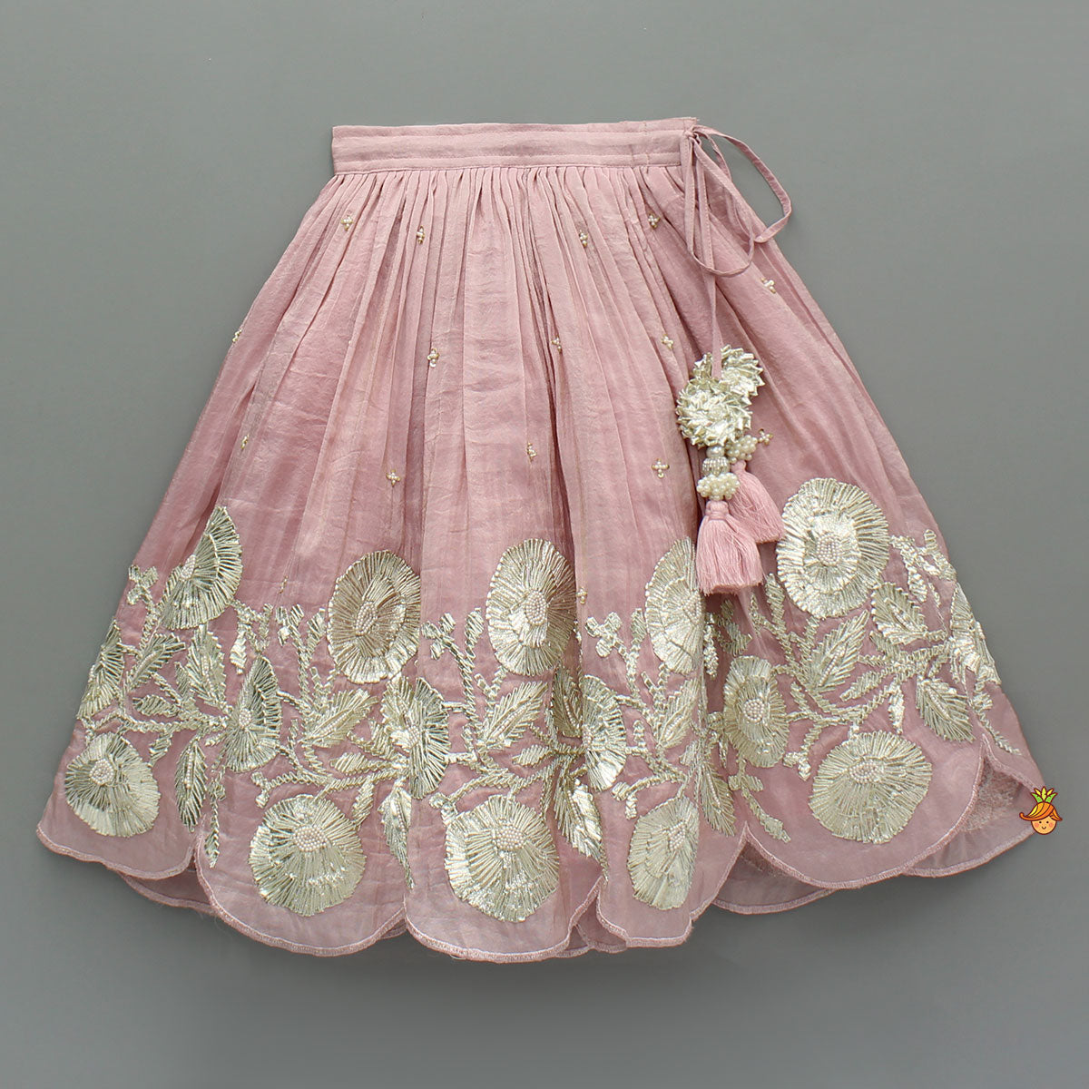 Pre Order: Shimmery Pink Hand Embroidered Gota Laced Top With Flared Shimmery Lehenga