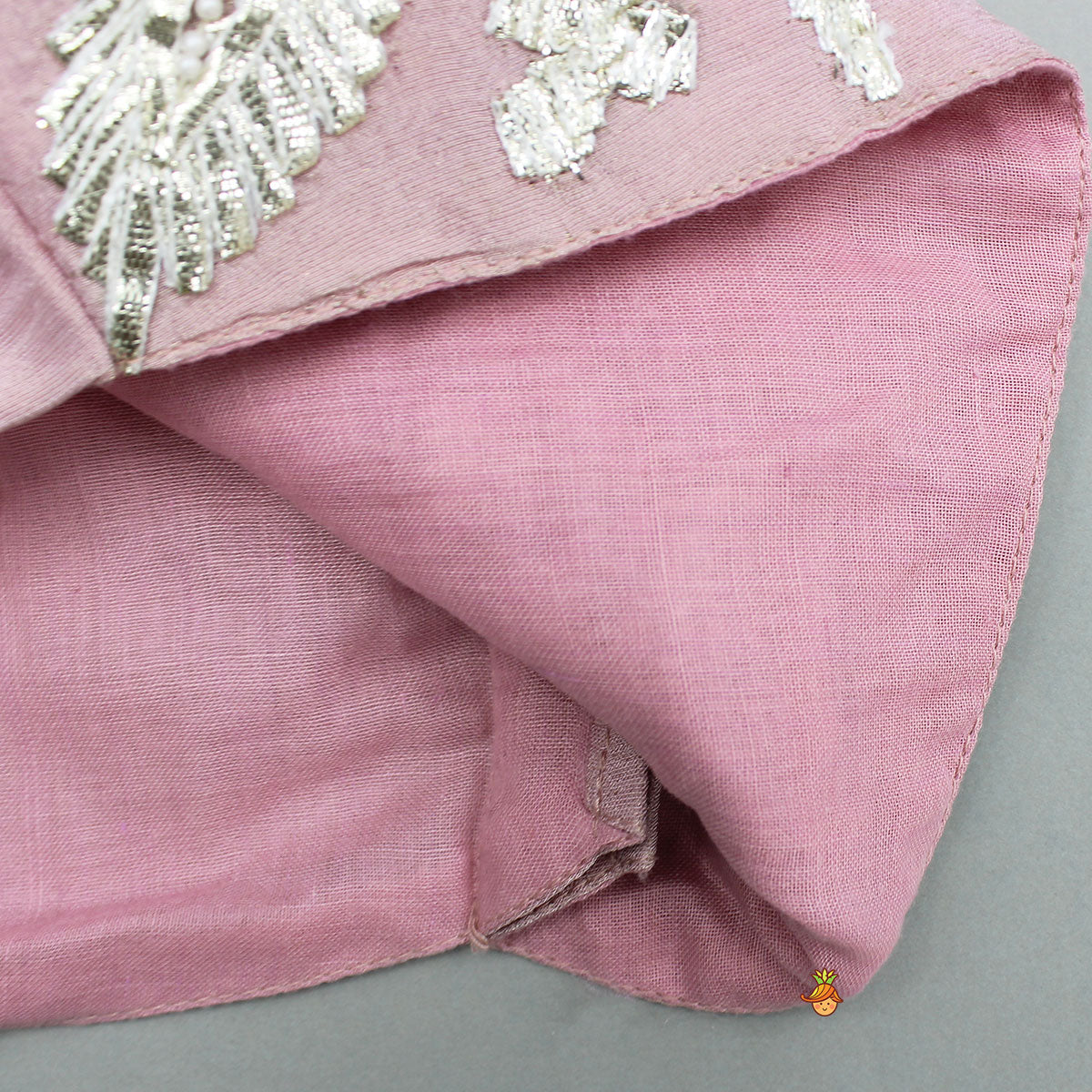 Pre Order: Shimmery Pink Hand Embroidered Gota Laced Top With Flared Shimmery Lehenga