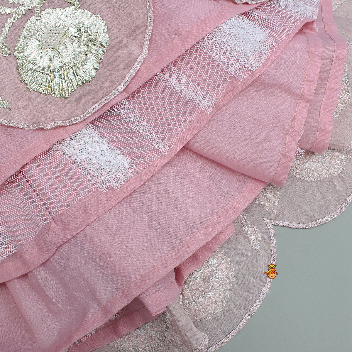 Pre Order: Shimmery Pink Hand Embroidered Gota Laced Top With Flared Shimmery Lehenga