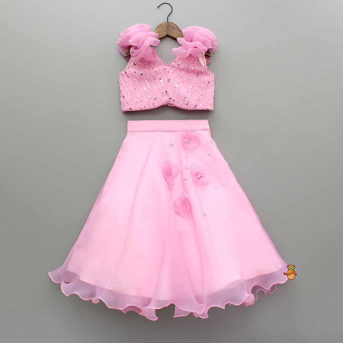 Pre Order: Pink Sequin Embellished Top With Lehenga