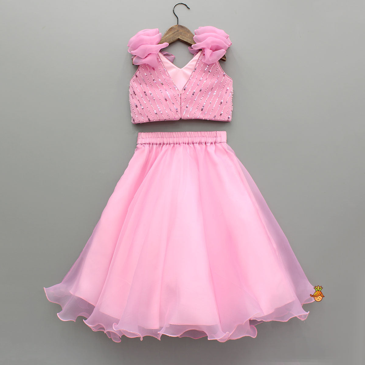 Pre Order: Pink Sequin Embellished Top With Lehenga