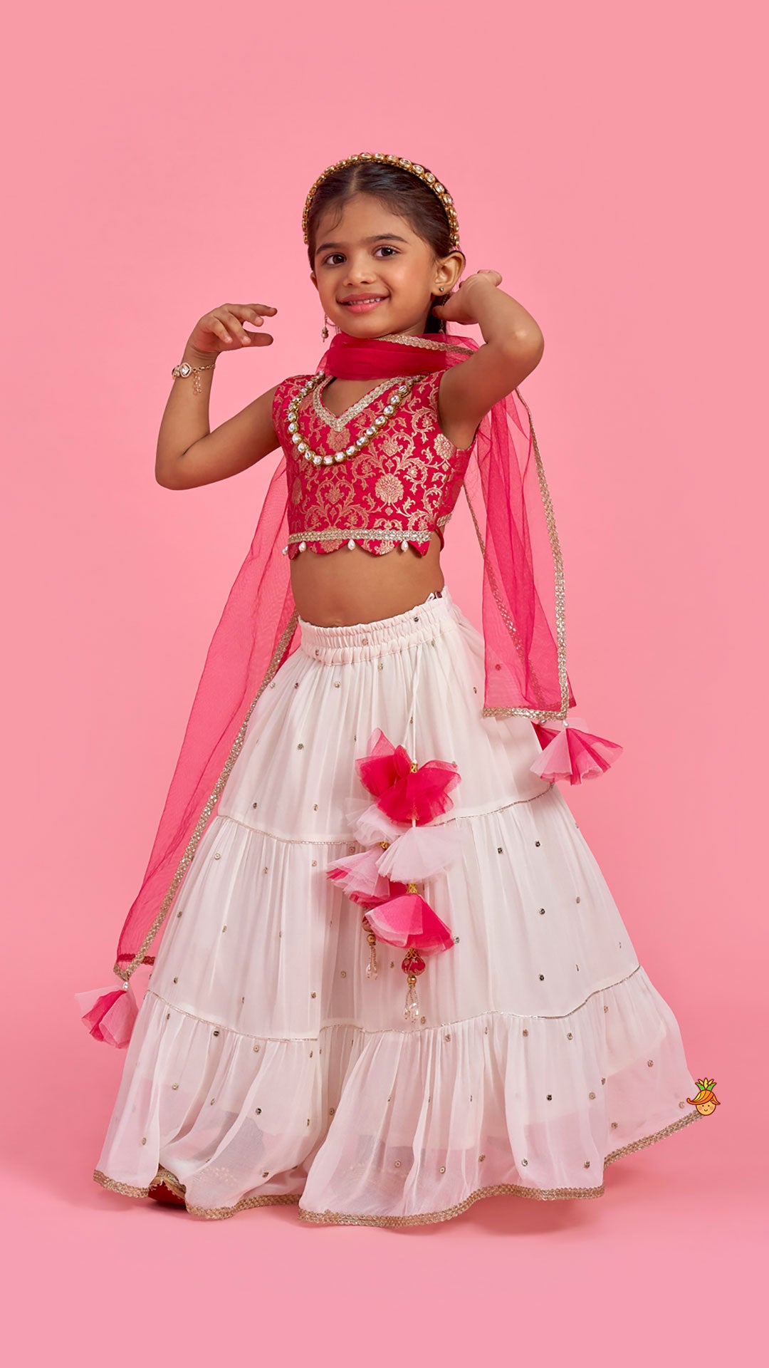 Pre Order: Pink Brocade Top With Off White Lehenga And Dupatta