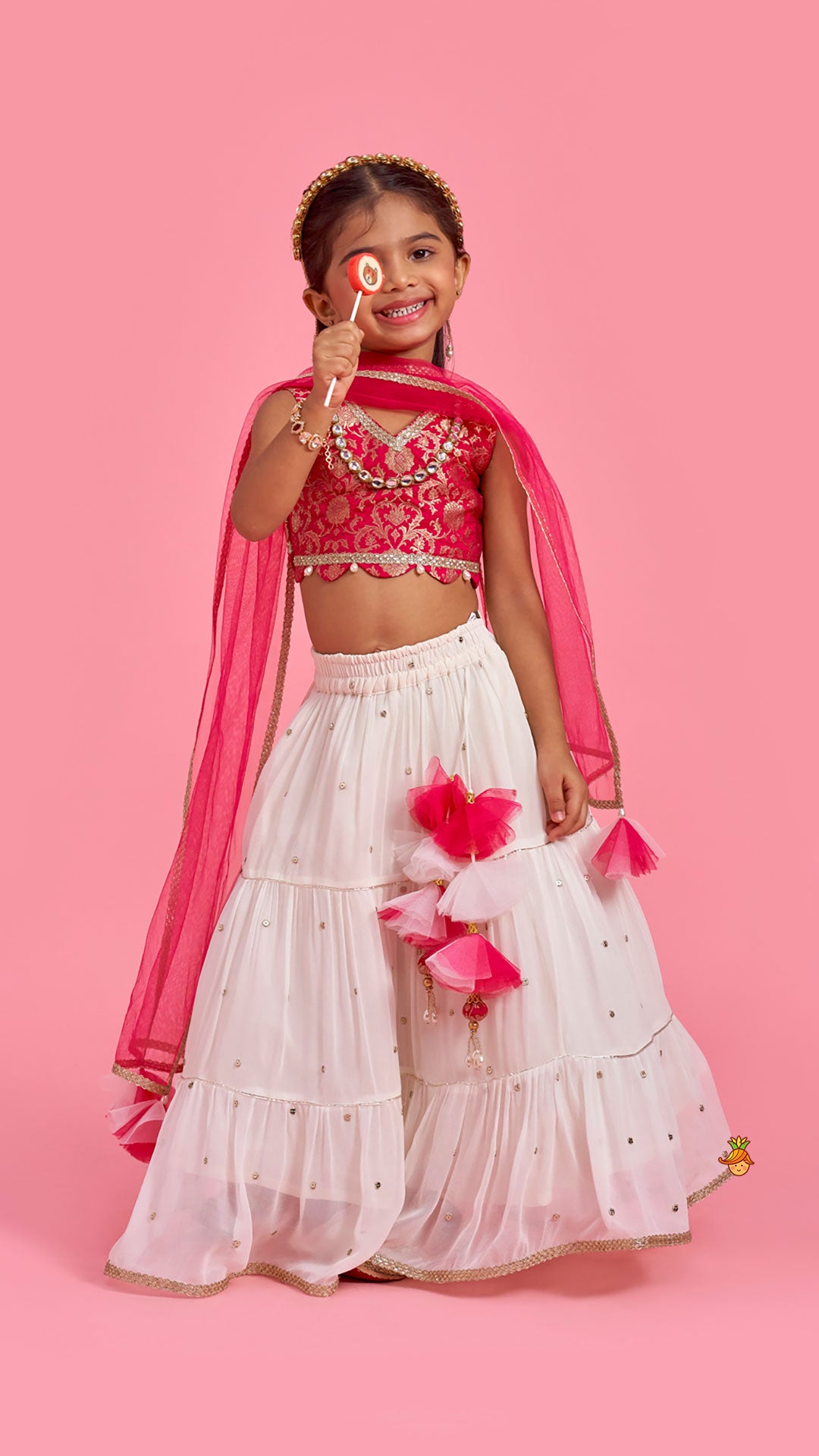Pre Order: Pink Brocade Top With Off White Lehenga And Dupatta