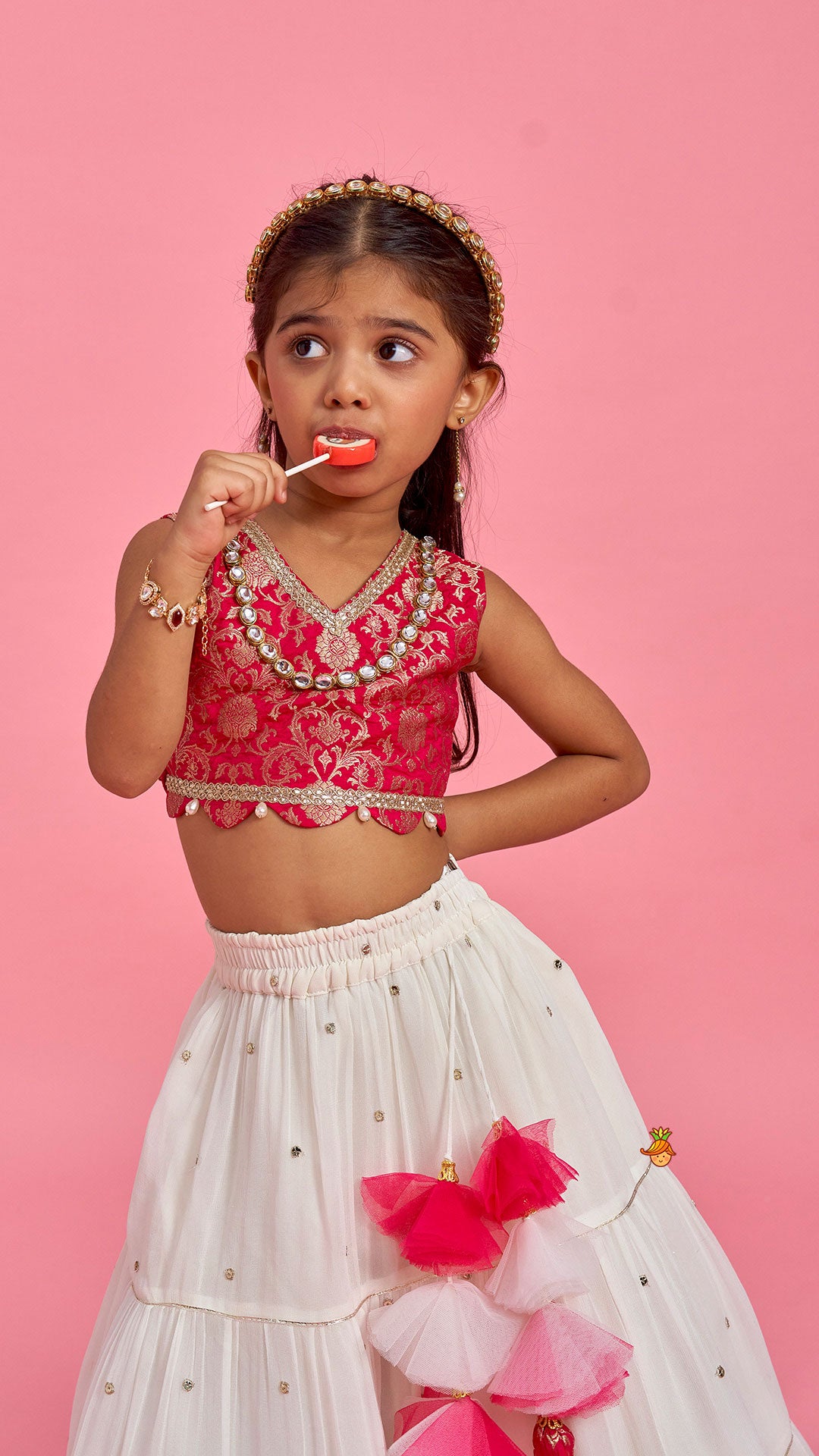 Pre Order: Pink Brocade Top With Off White Lehenga And Dupatta